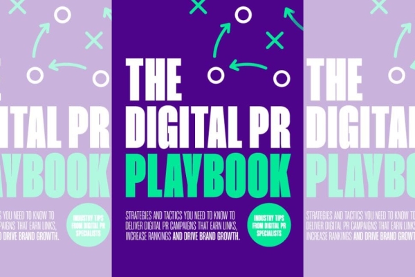 The purple cover of the Digital PR Playbook with green coloured arrows and doodles