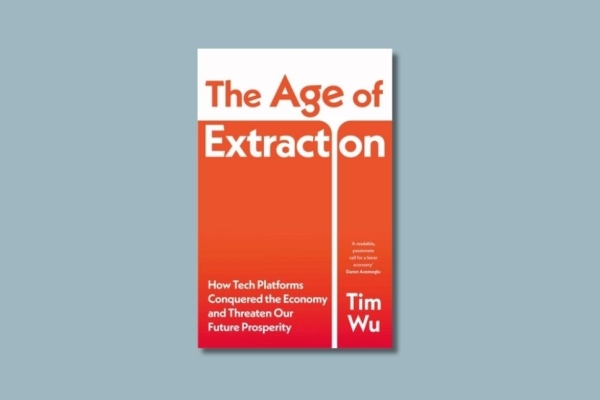 On a light blue background, the orange and white book cover of The Age of Extraction
