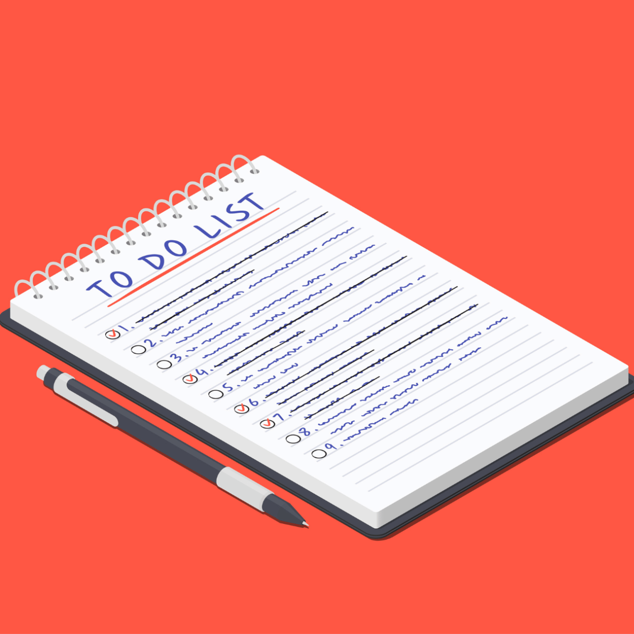 Illustration of a notepad with the words to do list written at the top of the page. Below are lines of unreadable text in the form of a numbered list. The background is bright red