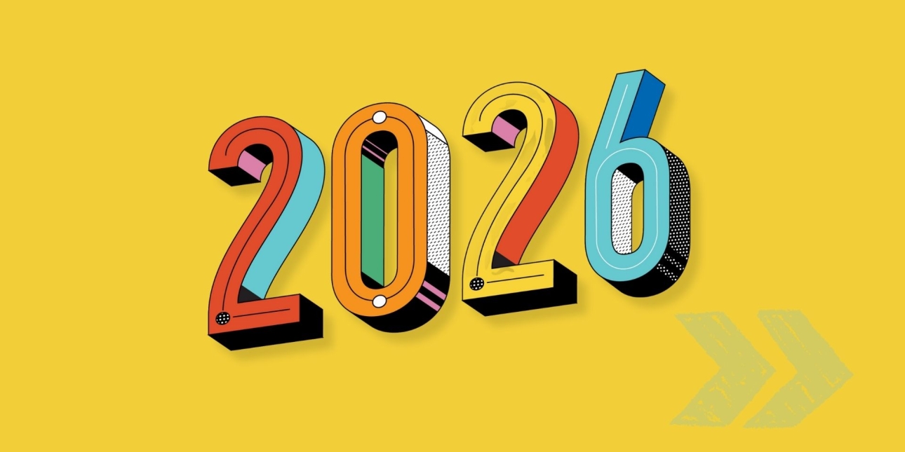 On a yellow background a multi-coloured three dimensional 2026