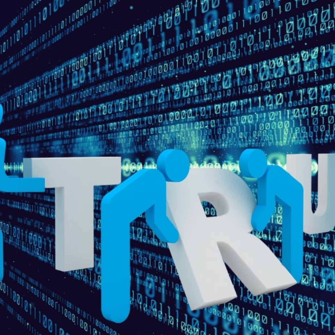A computer generated illustration of blue 'people' lining up three dimensional white letters to spell TRUST. The background is an array of digital code.