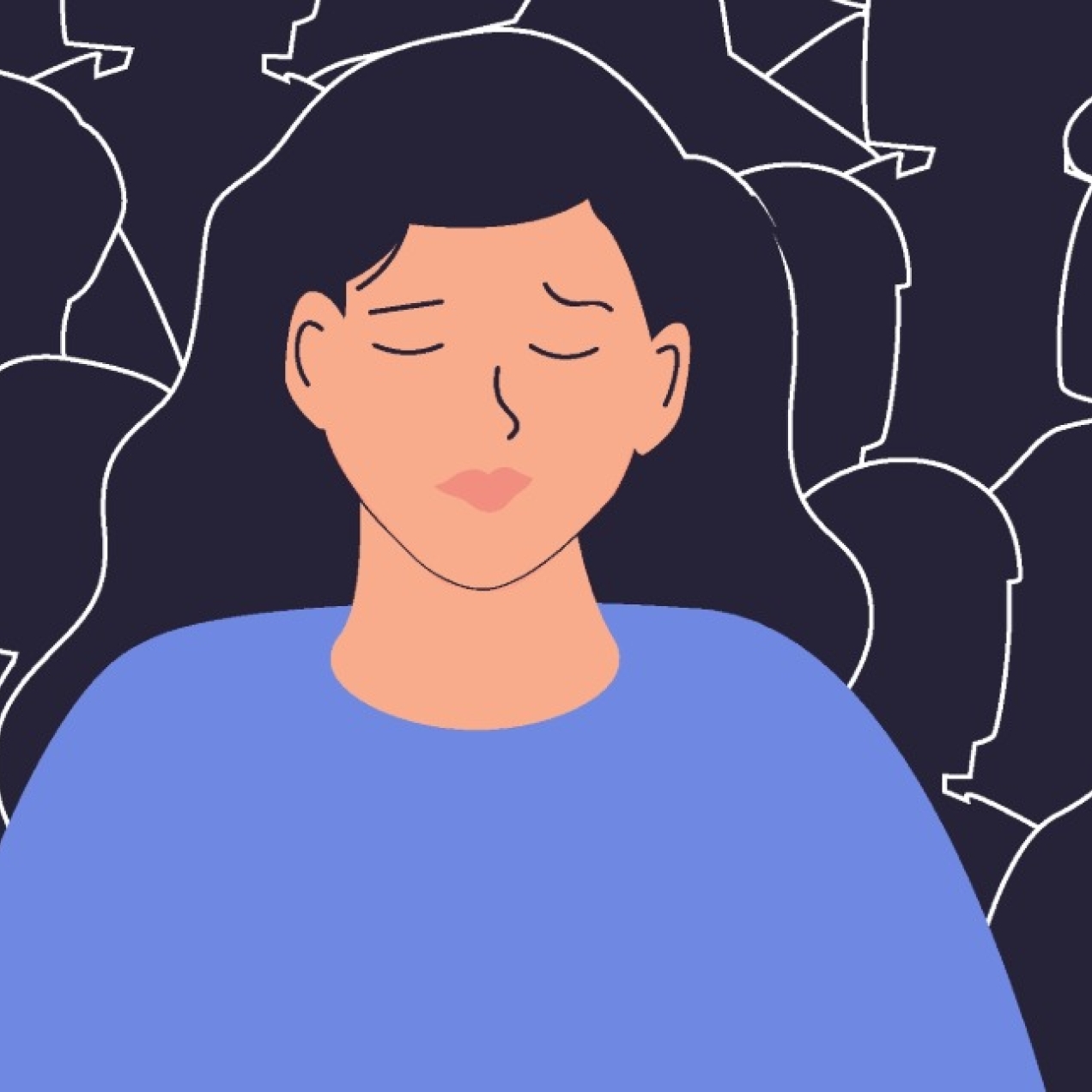 An illustration of a sad looking woman wearing a blue top surrounded by silhouettes of a crowd around her.