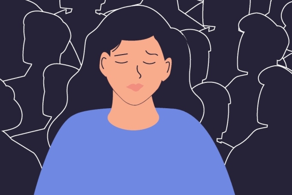 An illustration of a sad looking woman wearing a blue top surrounded by silhouettes of a crowd around her.