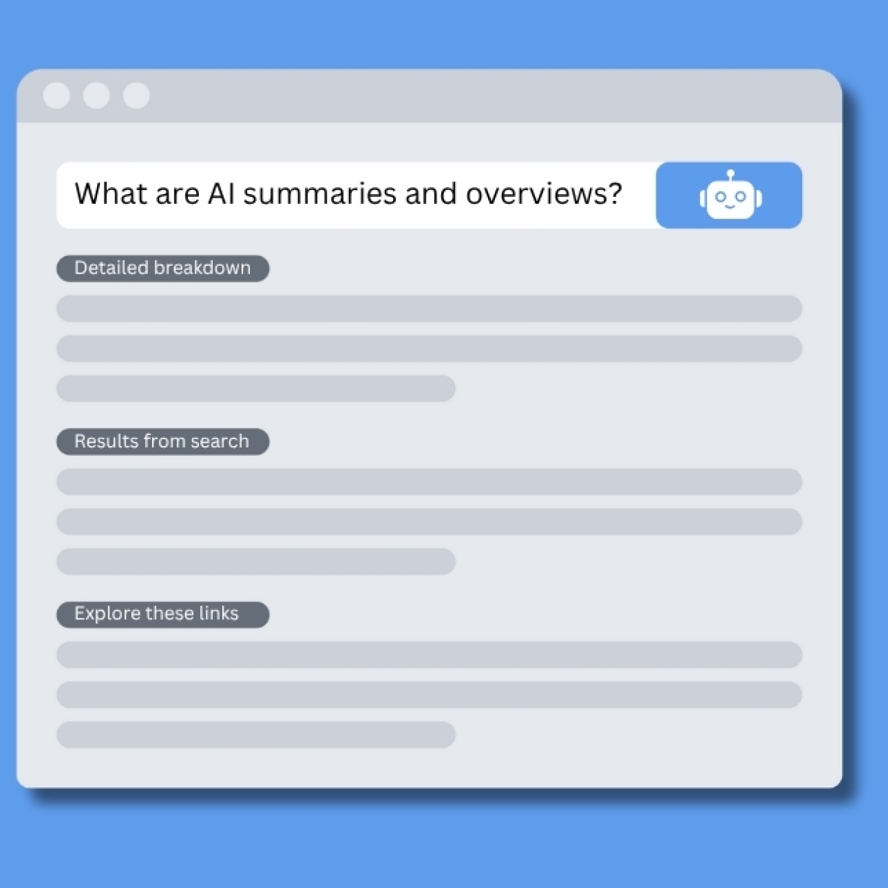 An illustration of the search screen on a computer window. The search field contains the question: What are AI Overviews and summaries?