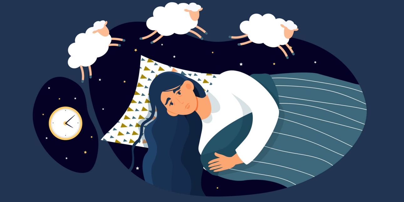 A bird's eye illustration of a woman trying to sleep next to a clock while three sheep jump over her head in reference to counting sheep
