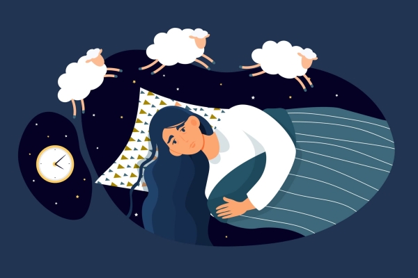 A bird's eye illustration of a woman trying to sleep next to a clock while three sheep jump over her head in reference to counting sheep
