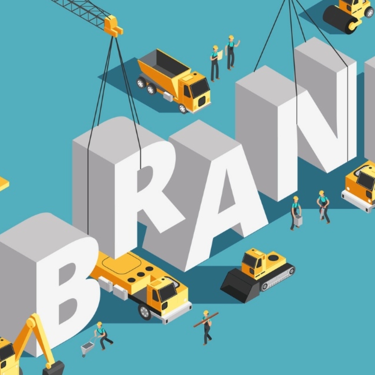 An illustration on a turquoise background of construction vehicles and cranes building the three dimension word 