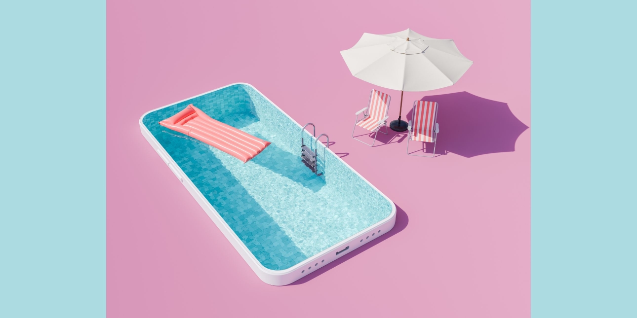 Computer generated image of a D rendering of a smartphone-shaped swimming pool with a floating lounger and an umbrella and chairs set up on a pink background