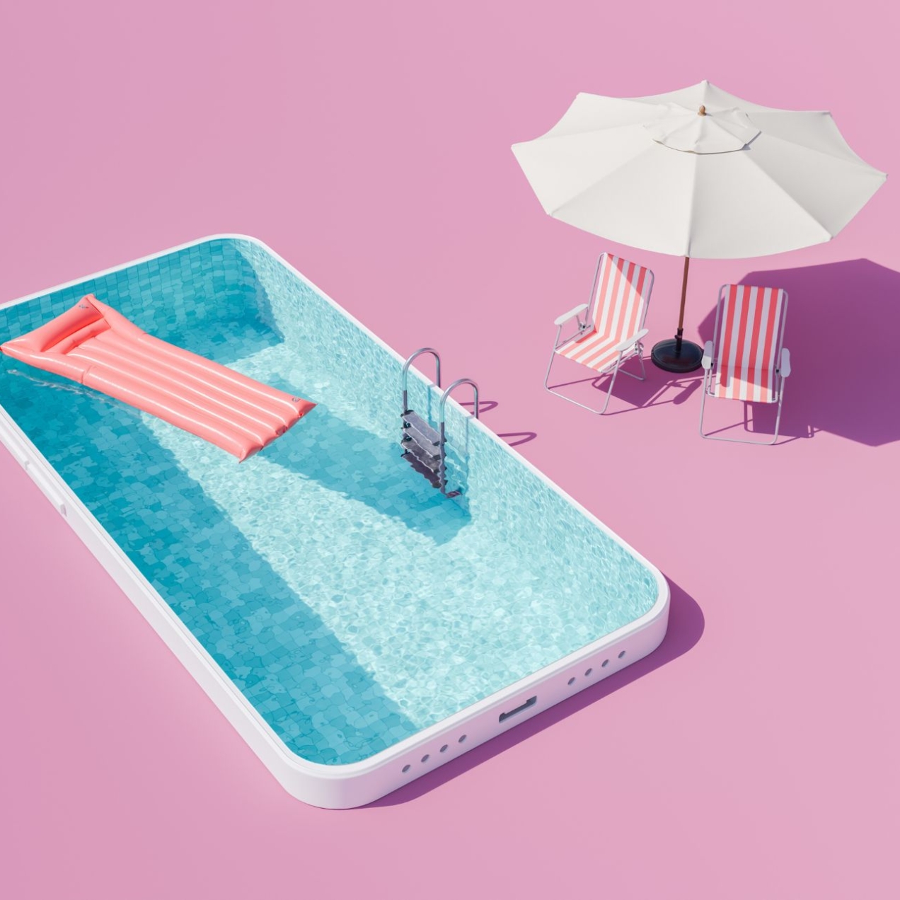 Computer generated image of a D rendering of a smartphone-shaped swimming pool with a floating lounger and an umbrella and chairs set up on a pink background