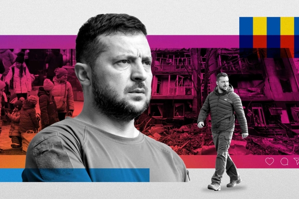 A photo collages containing two images of Ukrainian President Volodymyr Zelenskyy in front of one image of a group Ukrainian’s and a destroyed Ukrainian building.