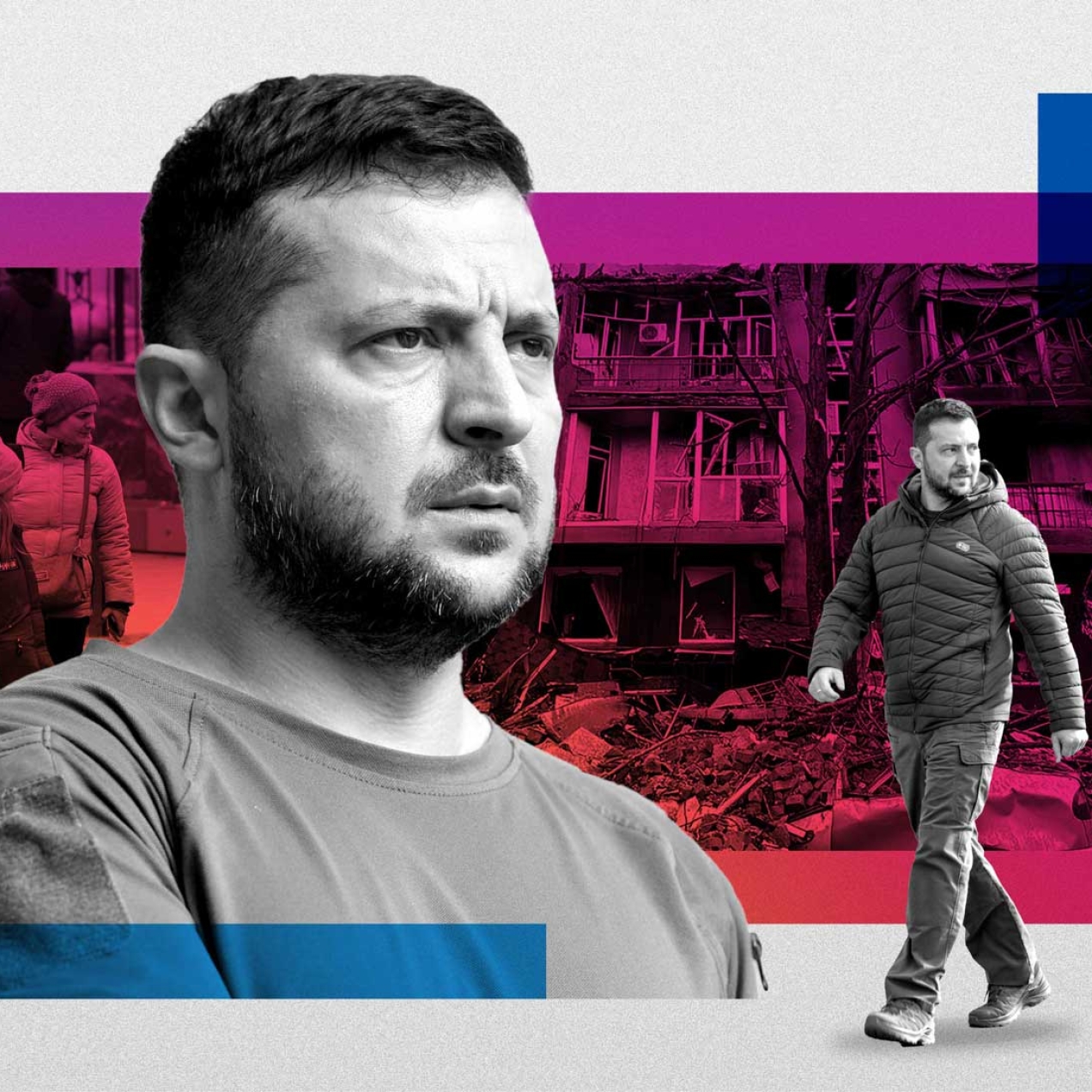A photo collages containing two images of Ukrainian President Volodymyr Zelenskyy in front of one image of a group Ukrainian’s and a destroyed Ukrainian building.