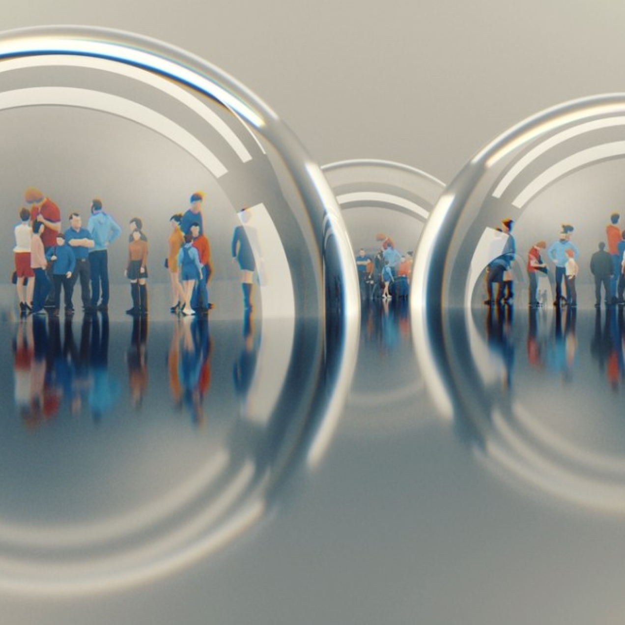 A selection of miniature figures under three glass domes on a grey background.