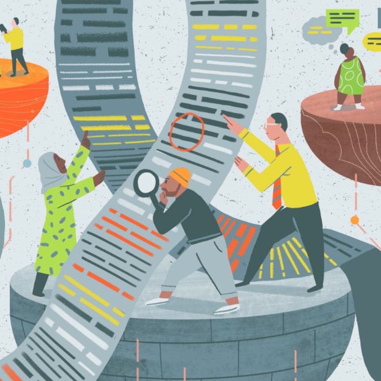 An illustration depicting developers as stakeholders in the life-cycle of AI. People are positioned on hemispheres fixing computing icons