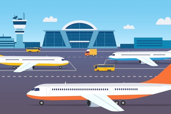 An illustration of three aeroplanes on an airport runway in front of a terminal with a traffic control tower next to the terminal with a blue sky above. There are three vehicles on the tarmac too.