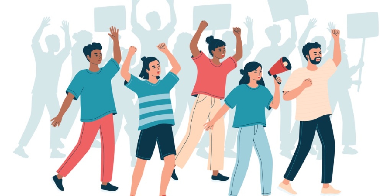 Illustration of six people of different ethnicities demonstrating. They are walking with their arms raised. One has a megaphone. Behind them is the silhouette of twelve other protesters, with some holding placards