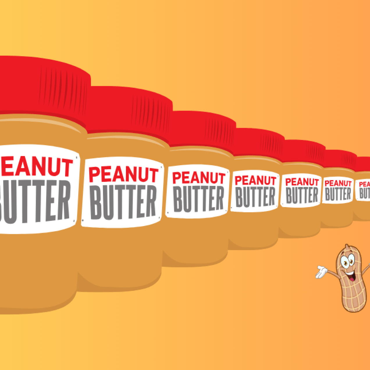 An illustration of three jars with a red lid, brown contents and labelled peanut butter. Underneath is a cartoon monkey nut with the words: I'm aware, are you?