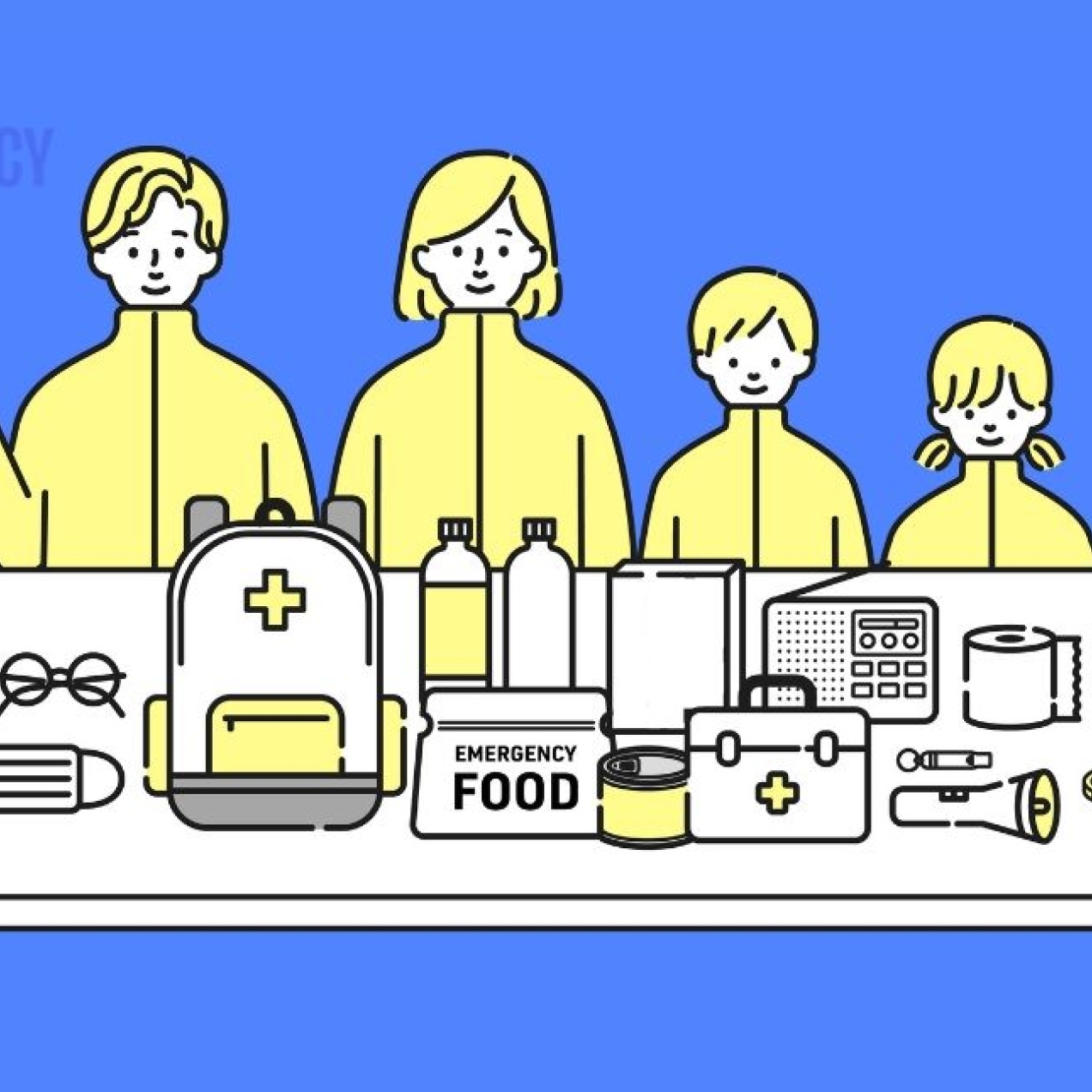 An illustration of a family of four stood with emergency essentials including food, batteries, wind up radio.