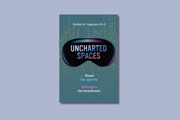 The teal coloured cover of Uncharted Spaces, featuring an eye mask in the centre with the title overlaid.