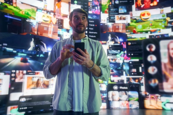 Portrait of a white man using a smartphone surrounded by digital social media interfaces, online Video games, videos and internet content