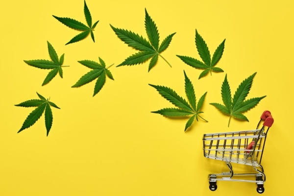 On a yellow background, eight cannabis leaves floating above a shopping trolley.