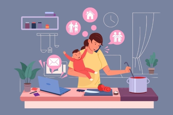 An illustration of a woman holding a child and speaking into a mobile phone while cooking. Speech bubbles with icons represent family, household and caring for elderly parents. An email envelope icon projects from a laptop beside her.