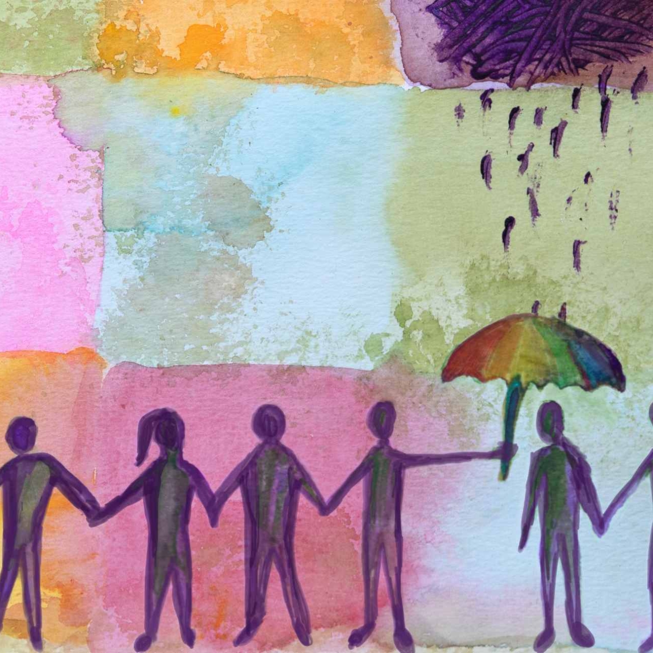 An illustration of 11 stick figures lined up holding hands. One person is being protected by a rain shower and dark cloud by a multi-coloured umbrella held by another. The background is a multi-coloured patchwork.