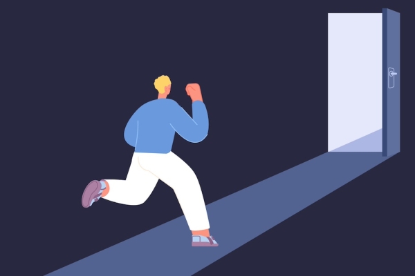 Illustration of a blond haired person running towards an open door. The interior is dark blue navy, the outside is lighter