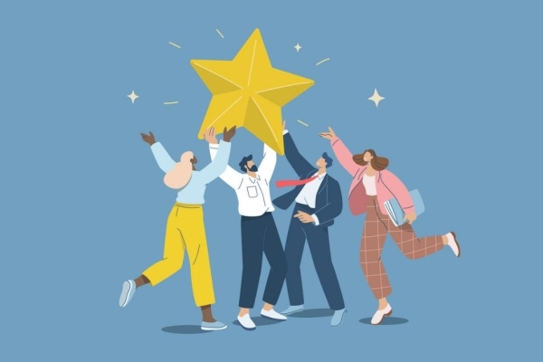An illustration on a blue background of four colleagues jumping for joy as they reach their hands towards a golden star