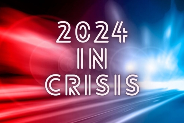 Text reads 2024 in crisis on a background of illuminated blue and red hues