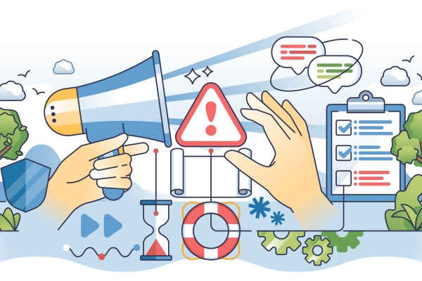 An abstract illustration representing crisis communication featuring a warning symbol, hand, megaphone, life buoy, checklist, speech bubbles, egg timer, shield, cogs and trees