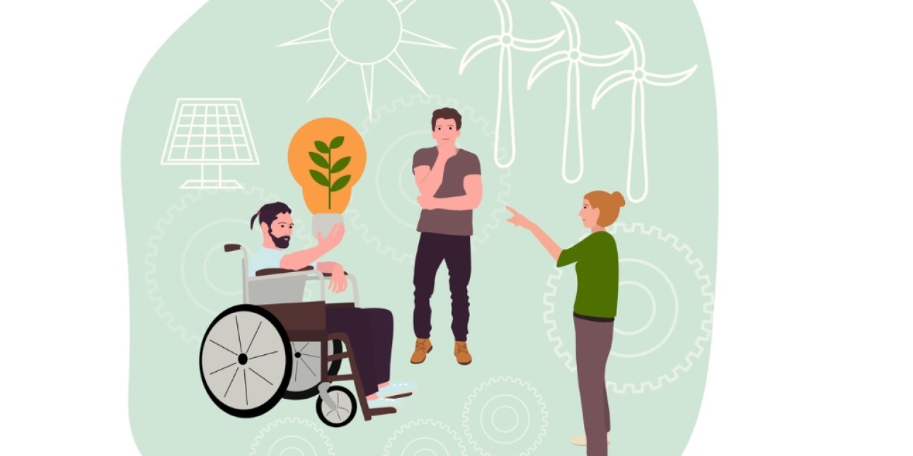 Illustration of three people surrounding by a sun, wind turbines, solar panels and cogs. Two people are standing, one uses a wheelchair handhelds a lightbulb with a green leaf inside it.