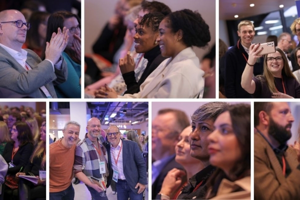 A montage of photographs of audience members and delegates of different ages, genders, and ethnicities.