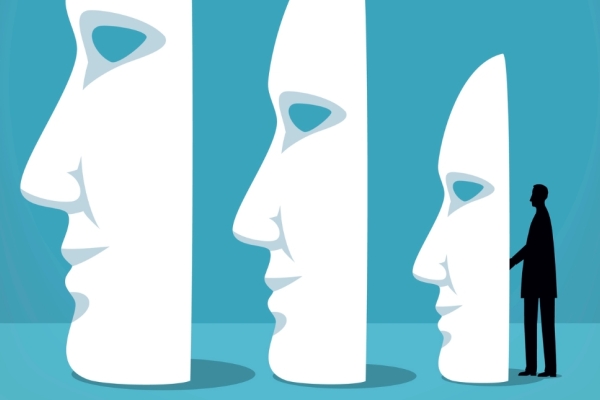 An illustration on a two-tone turquoise background of the side profile of three different sized white masks. To their right is the silhouette of a person.