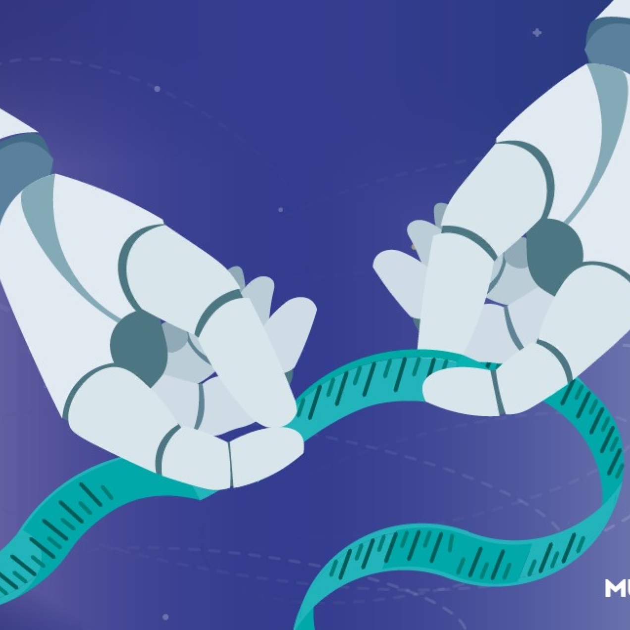 An illustration on a purple background of white robotic hands holding a measuring tape