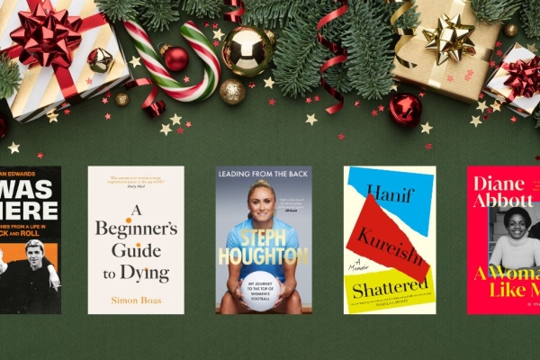 The five book covers from the article are lined up on a dark green background surrounded by gift wrapped presents, baubles, candy canes and Christmas tree branches