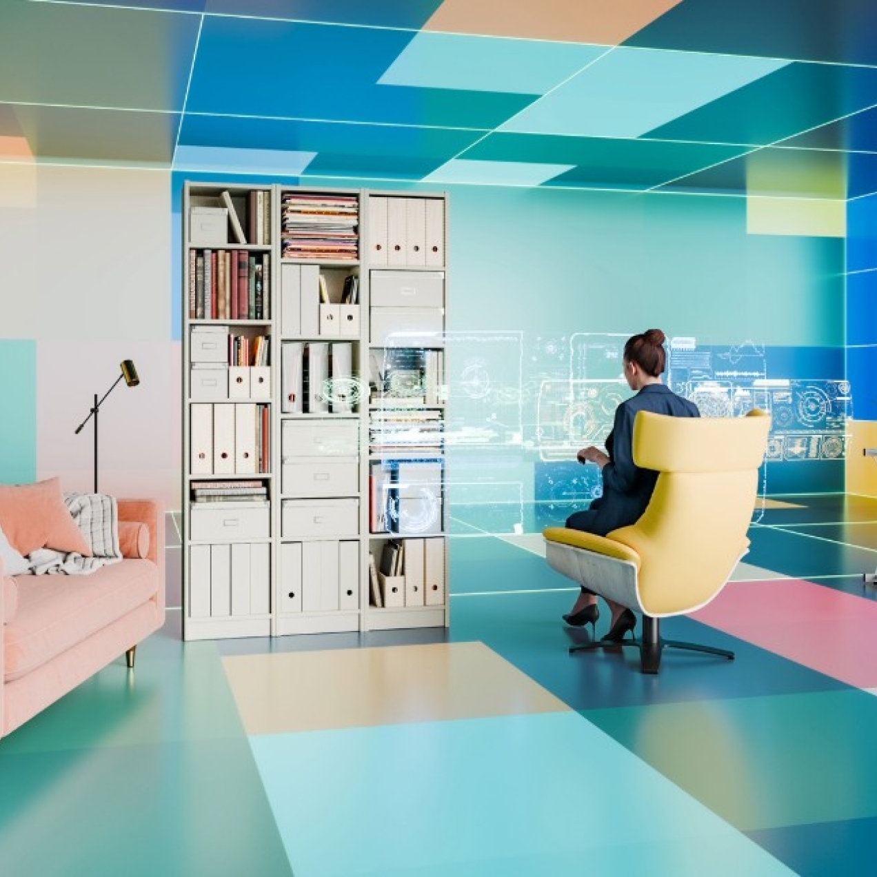 A computer generated image of a futuristic room with multi-colour floor and ceiling tiles, a woman in a yellow chair using a hologram screen, and other more contemporary furniture