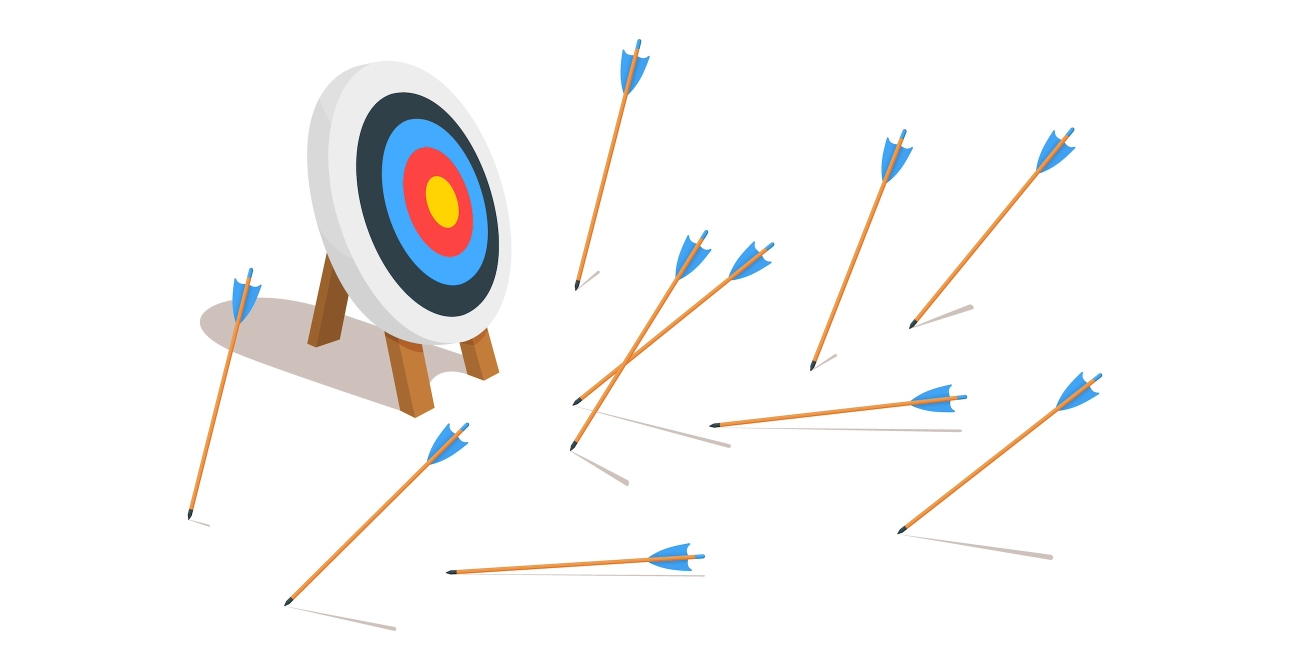 Illustration of blue feathered arrows that have fallen short of a circular archery board. The board which sit on a tripod consisting of concentric circles of white, black, blue, red and yellow in the centre.