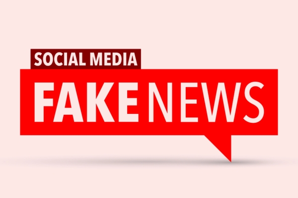 The word social media is placed upon a red, rectangular speech bubble containing the words fake news. The background is pink