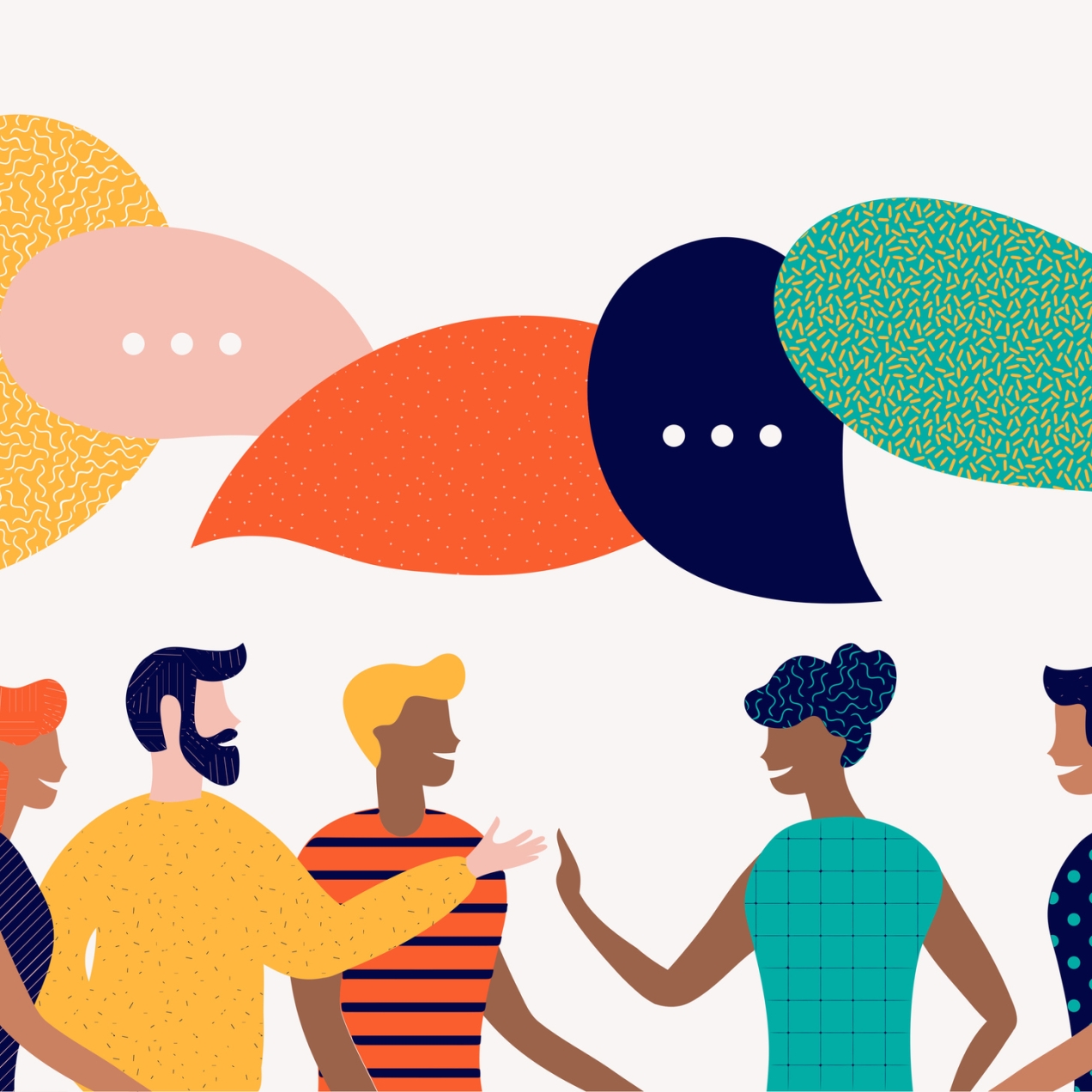 Illustration of five people with different skin tones and bright clothing. Above them are colourful speech bubbles.