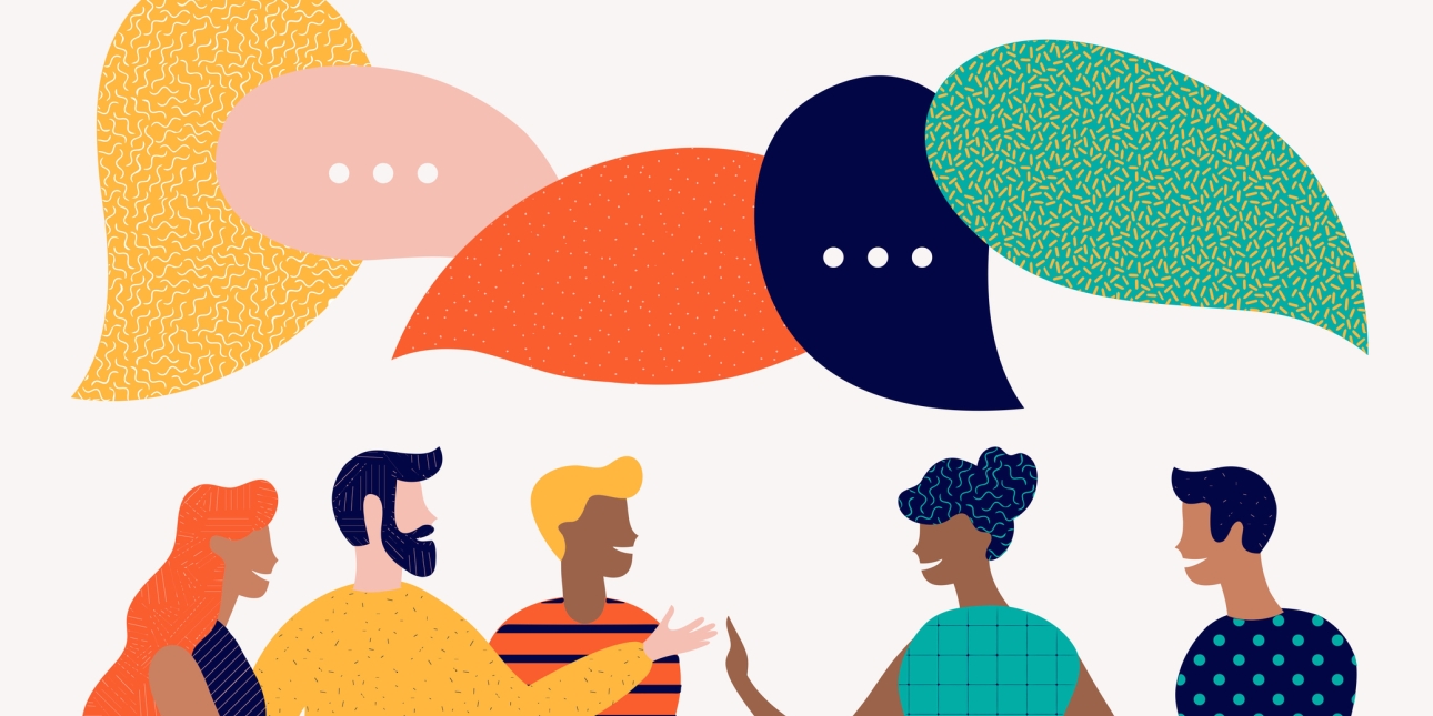 Illustration of five people with different skin tones and bright clothing. Above them are colourful speech bubbles.