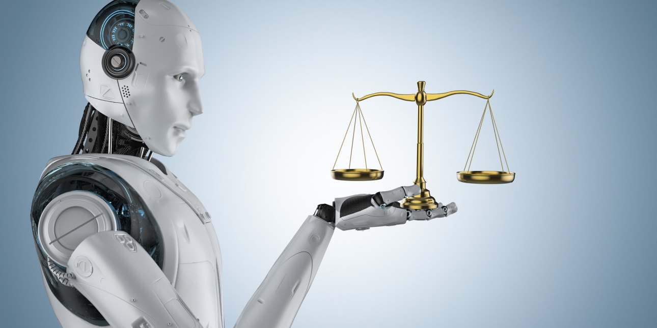 Side profile of a white and black humanoid robot holding scales of justice