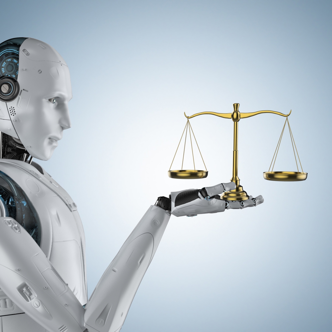 Side profile of a white and black humanoid robot holding scales of justice