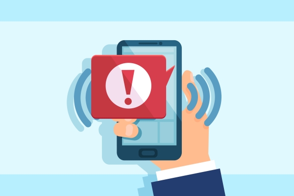 Illustration of a hand holding a mobile phone. A red message icon containing a red explanation mark in a white circle overlaps the screen. There sets of curved lines suggesting an audible alert.