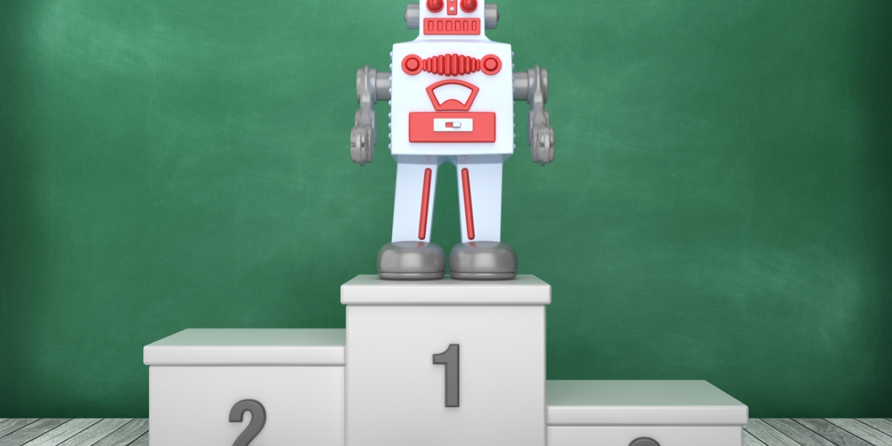 Illustration of a robot stood on the highest box of a three tiered podium. The boxes are numbered one, two and three from largest to smallest.