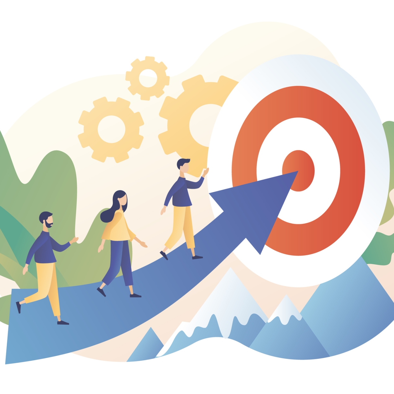 Illustration of three people walking on a blue arrow which is pointing towards a red and white target. There are green leaves, yellow cogs and blue and white mountains in the background