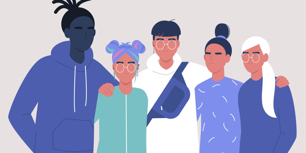 Illustration of five teenagers wearing shades of blue, green and purple