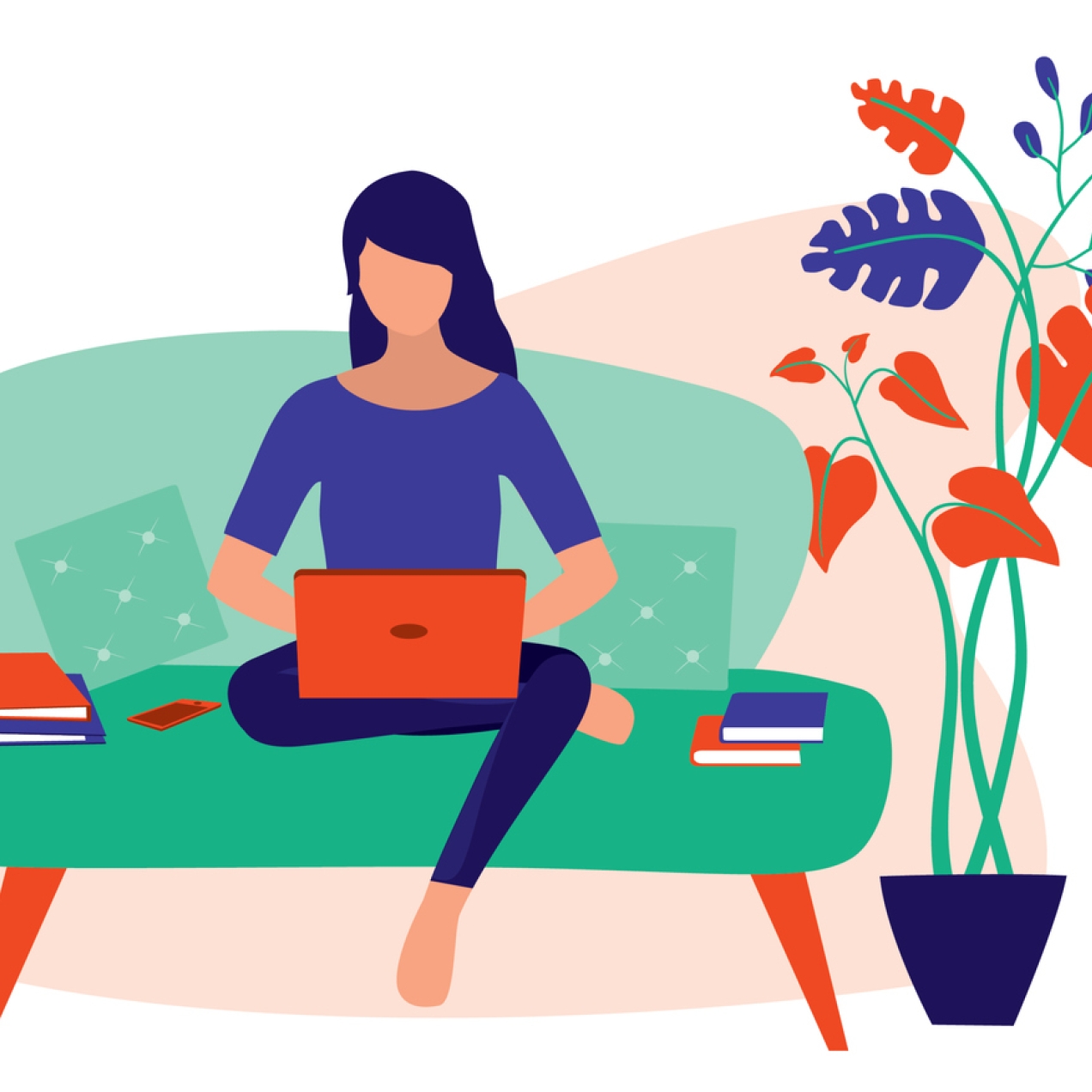 Illustration of a woman sat on a sofa working on a laptop with books, folders and a phone around her. There is a large plant on the right of her.
