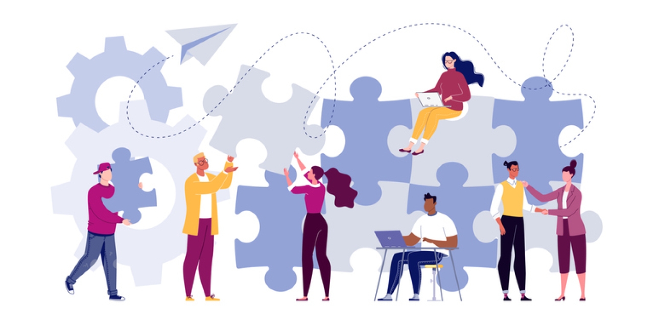 Illustration of six people in front of a jigsaw puzzle