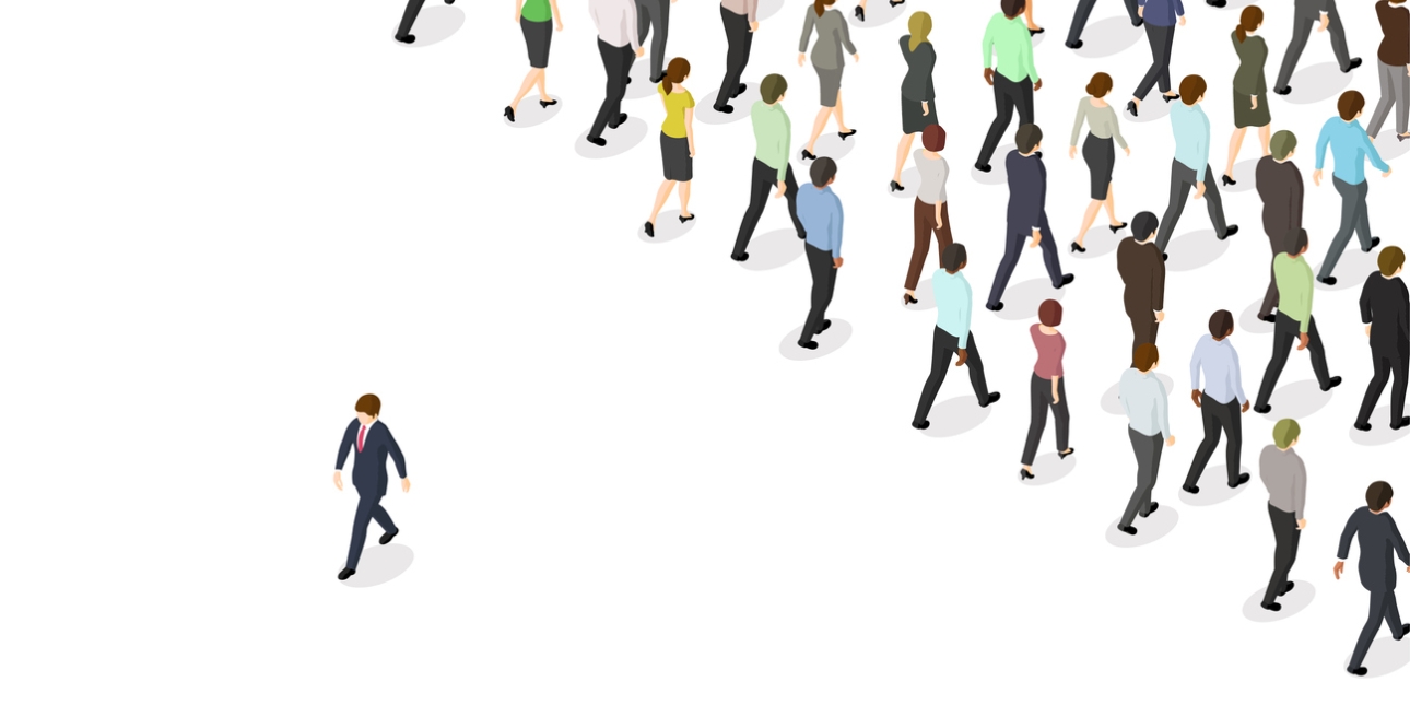 Illustration showing a man in a suit walking in one direction while a large crowd of people walk in the opposite direction