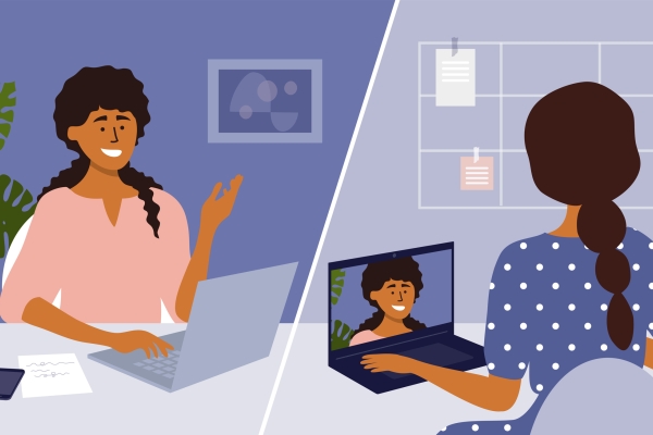 Illustration of two women having a video call. The image is divided by a diagonal line. On the left is a woman smiling sat at her desk smiling at her laptop. On the right, the same woman can be seen on the screen of another woman. She is only visible